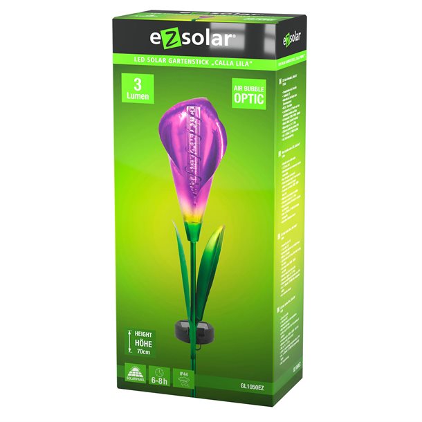 Calla lilje i farven lilla - en solcelle blomsterlampe med lysene luftbobler fra eZsolar GL1050EZ